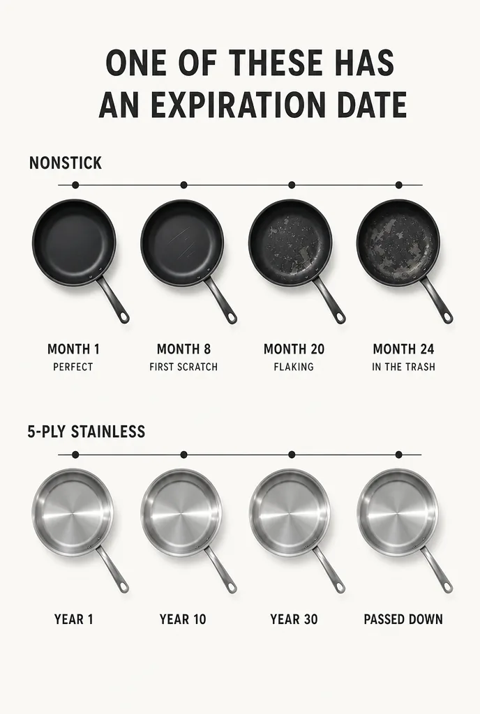 The same question in two timelines: what happens to each pan after two years of use.