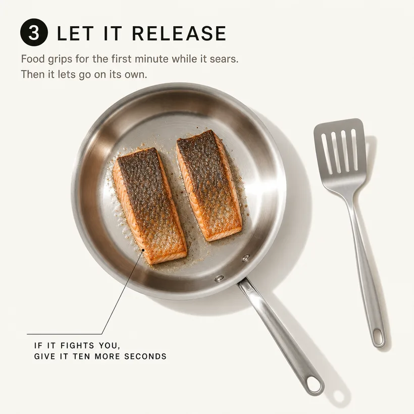 Put the food down and leave it alone. It releases when it is ready.