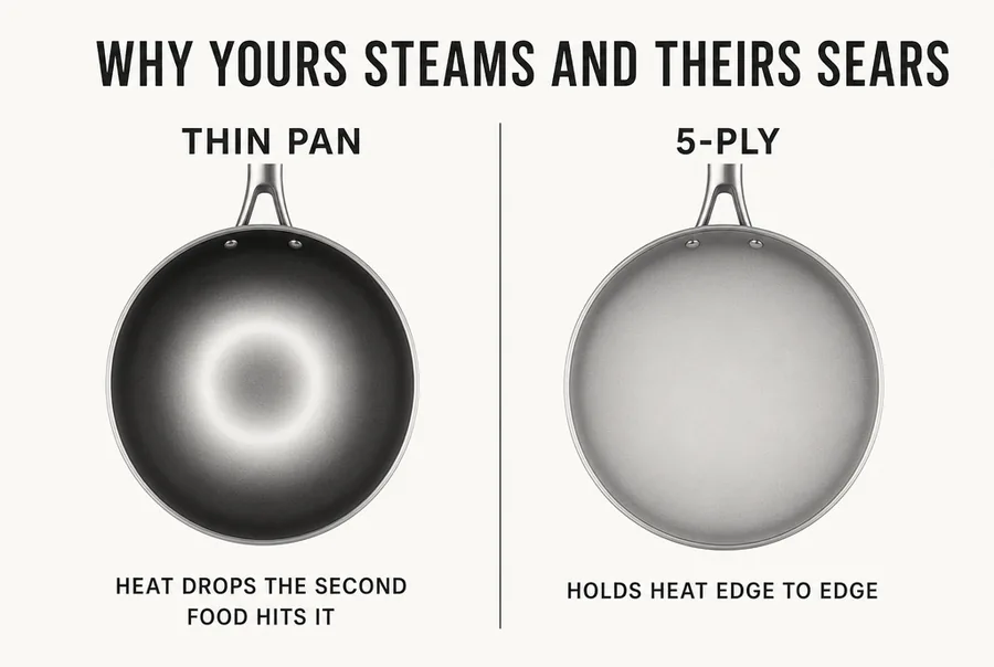 Heat spread across the five bonded layers — edge to edge, not just under the burner.